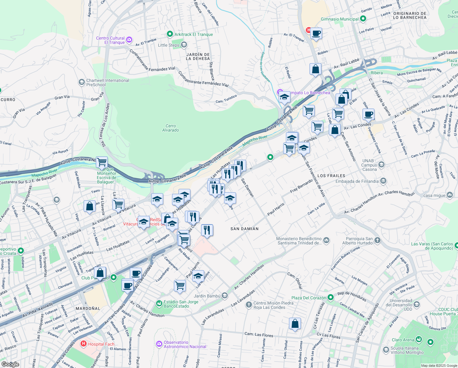 map of restaurants, bars, coffee shops, grocery stores, and more near 11287 Las Condes in Santiago