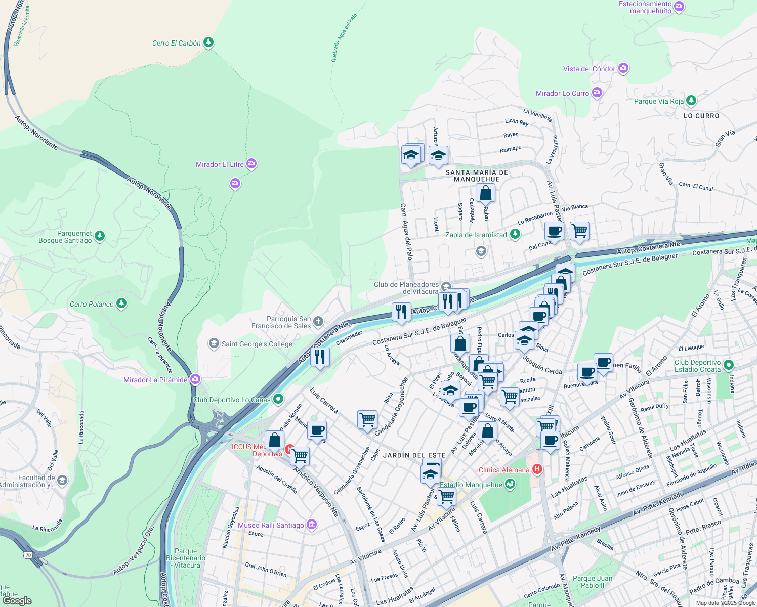 map of restaurants, bars, coffee shops, grocery stores, and more near 5860 Santa María in Vitacura