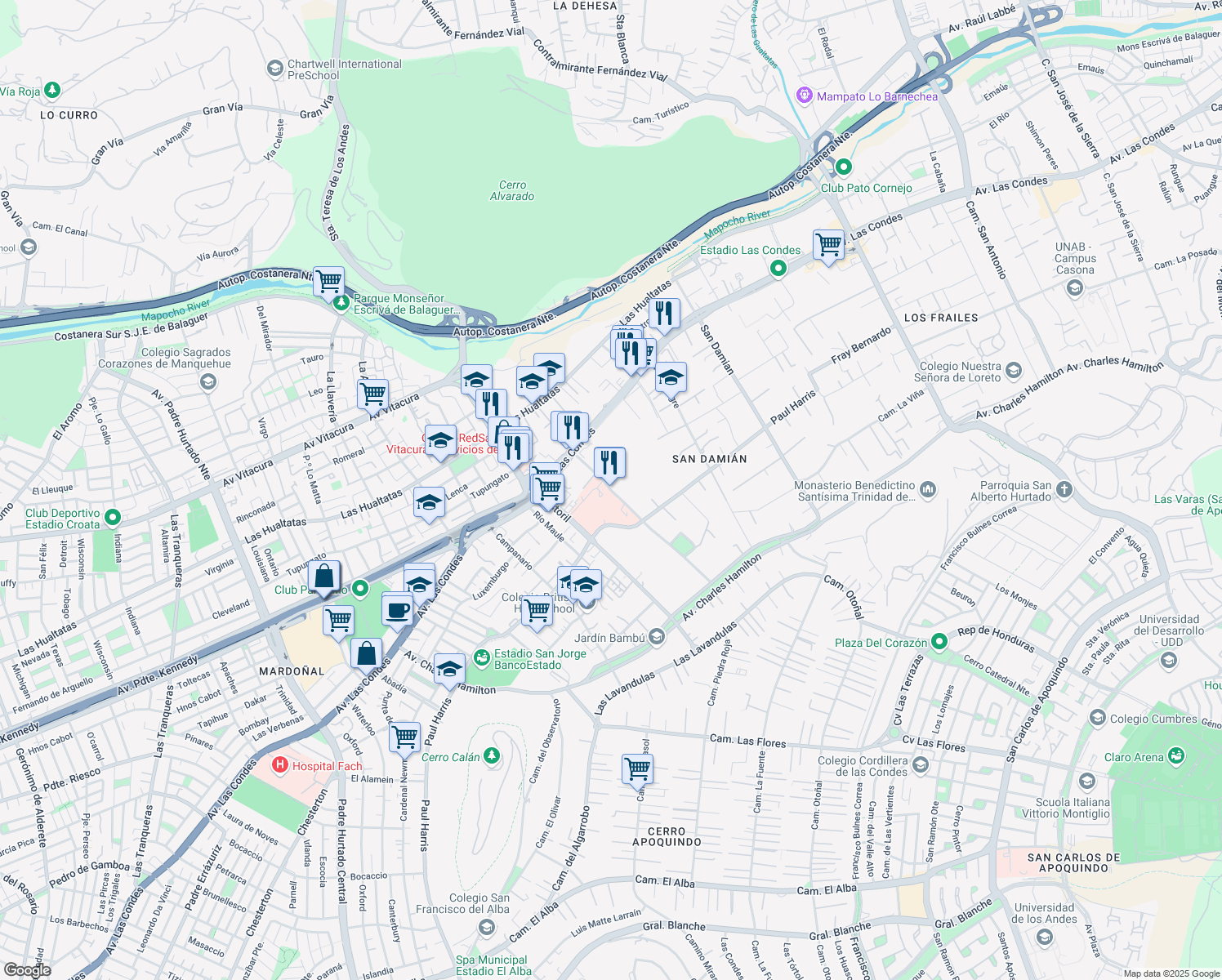 map of restaurants, bars, coffee shops, grocery stores, and more near 441 Lo Fontecilla in Santiago