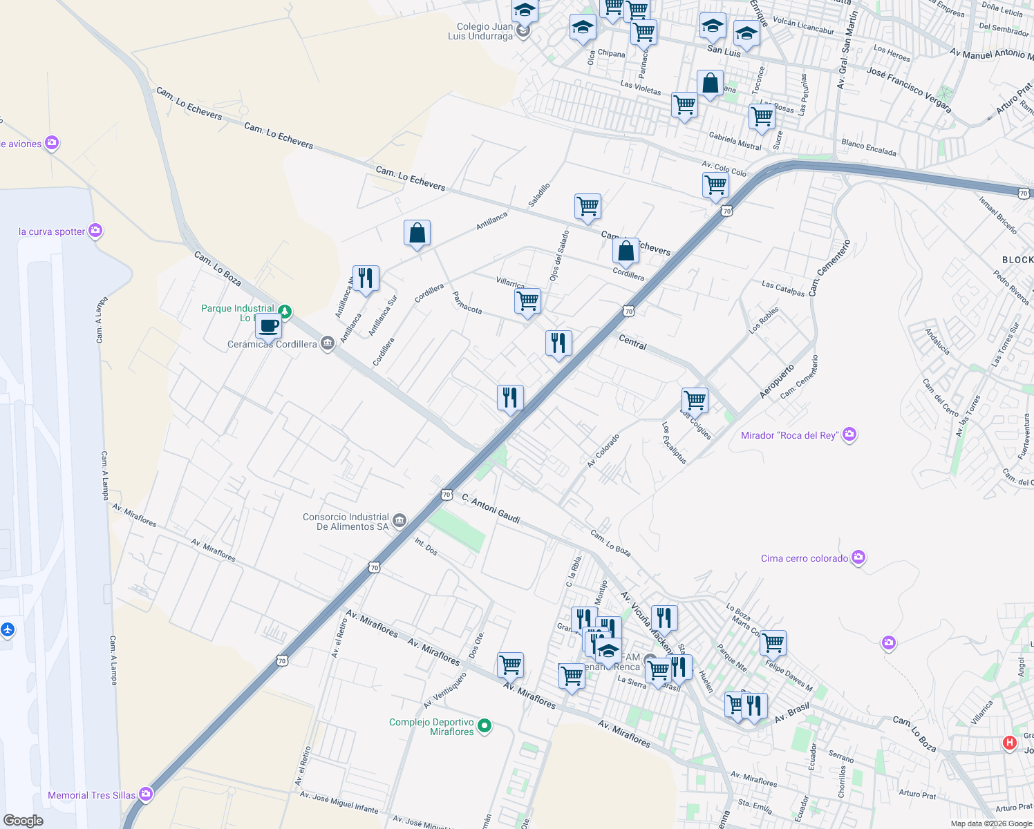 map of restaurants, bars, coffee shops, grocery stores, and more near Avenida Américo Vespucio in Pudahuel