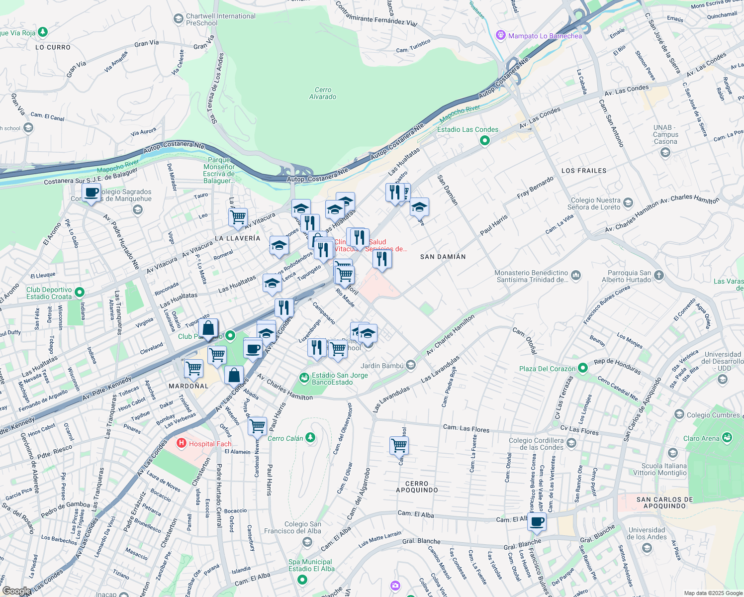 map of restaurants, bars, coffee shops, grocery stores, and more near 450 Estoril in Las Condes