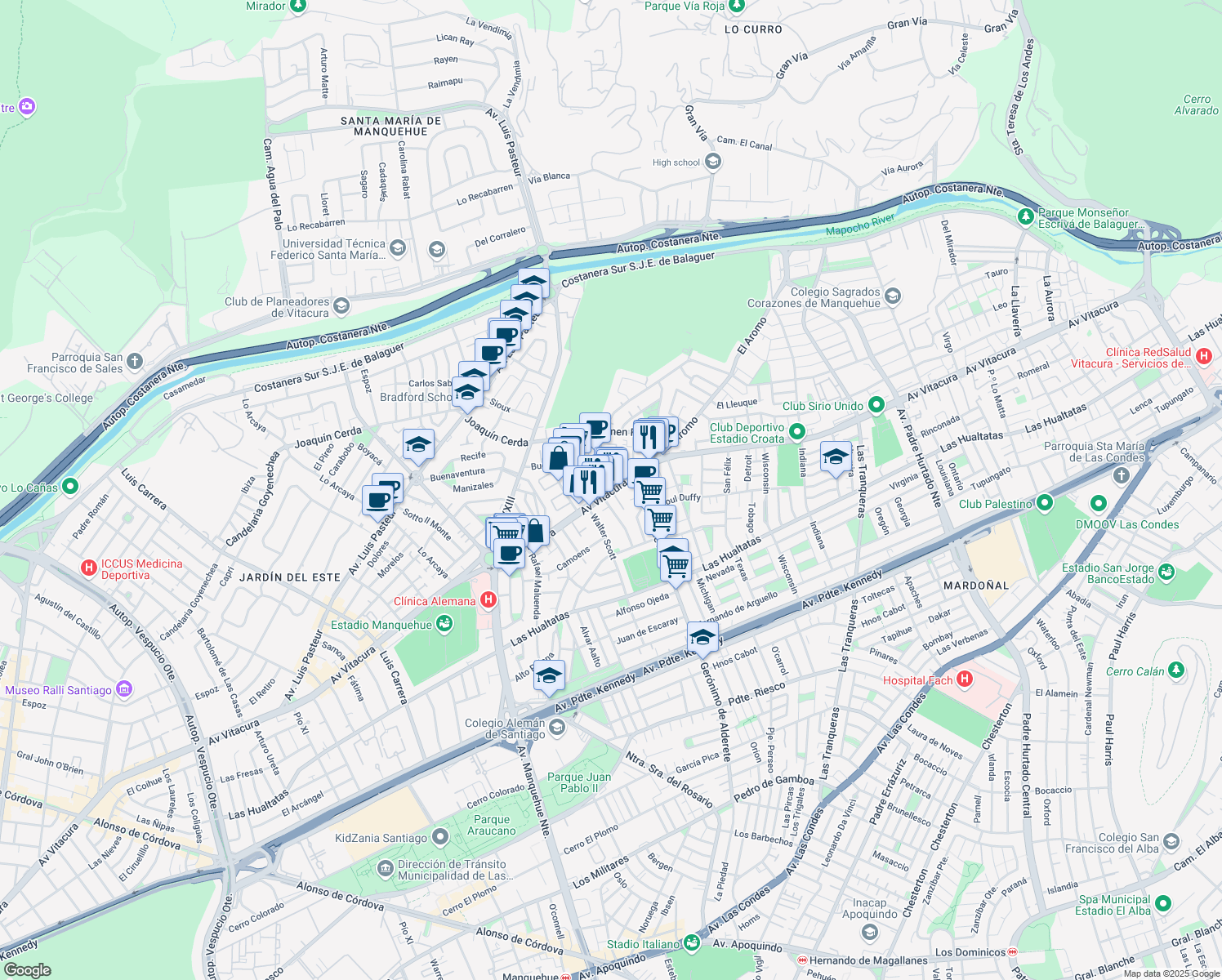 map of restaurants, bars, coffee shops, grocery stores, and more near 6852 Vitacura in Santiago