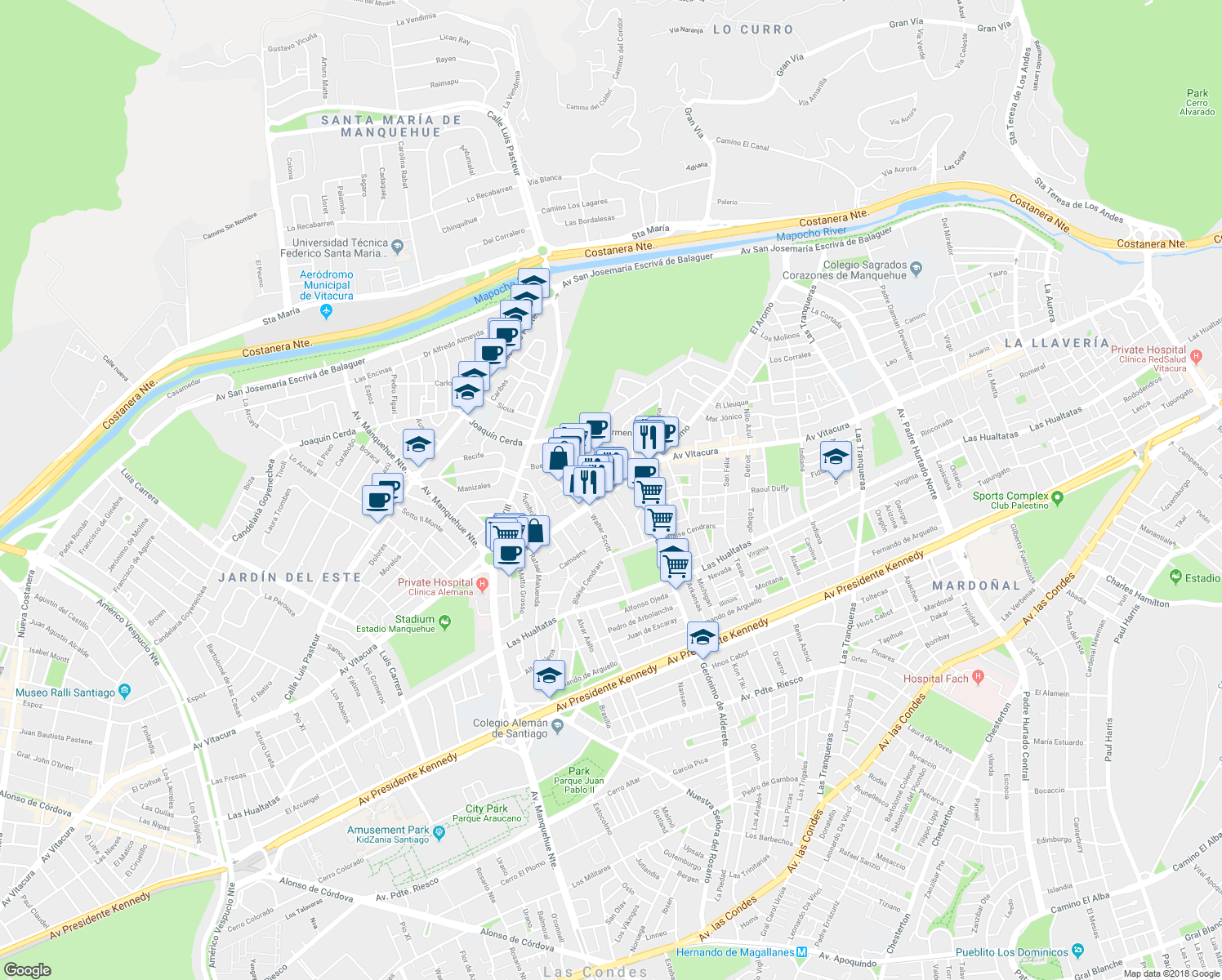 map of restaurants, bars, coffee shops, grocery stores, and more near 6852 Vitacura in Santiago