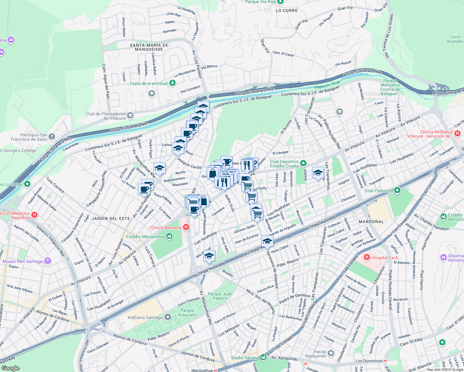 map of restaurants, bars, coffee shops, grocery stores, and more near 6840 Vitacura in Santiago