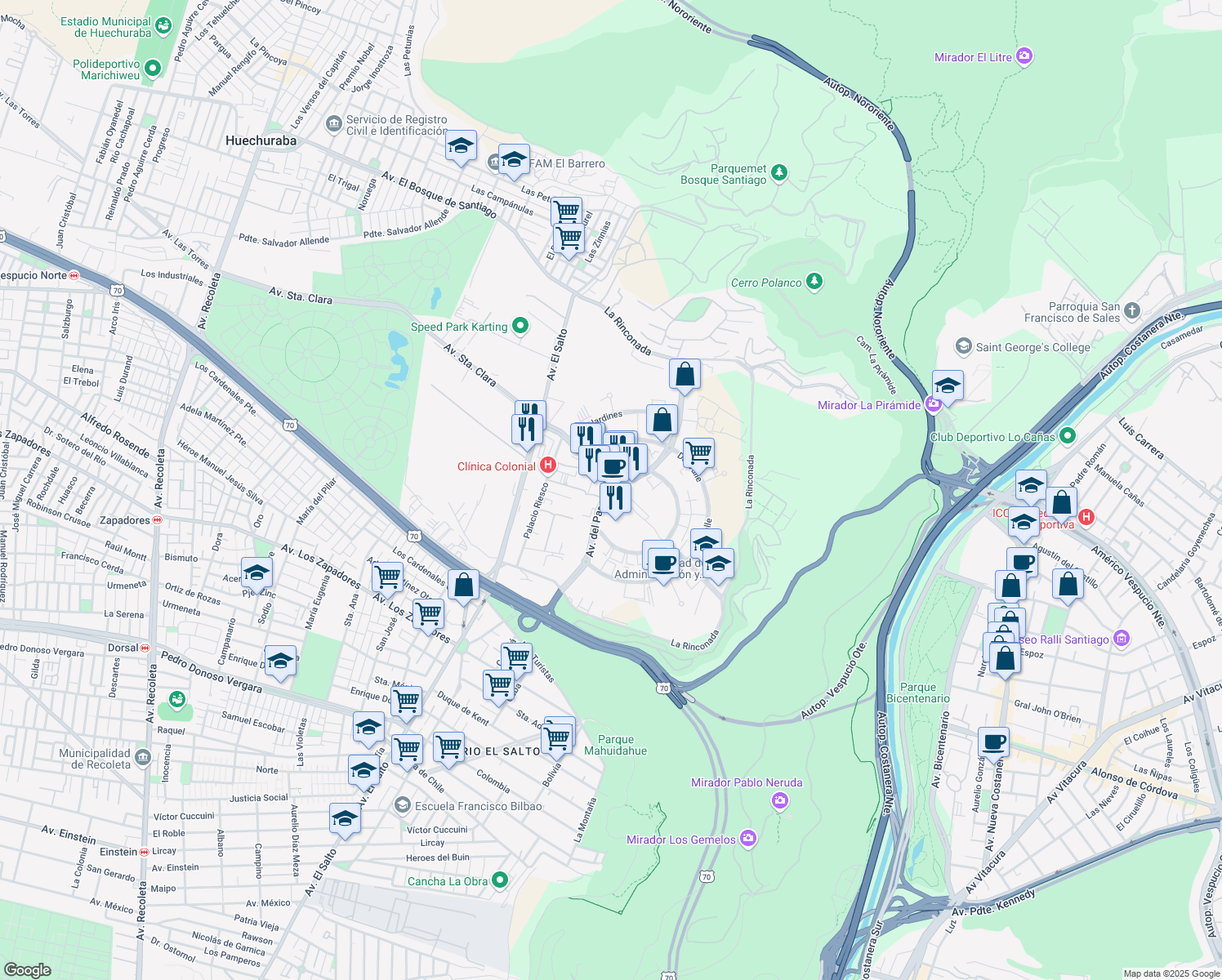 map of restaurants, bars, coffee shops, grocery stores, and more near 4520 Del Parque in Santiago