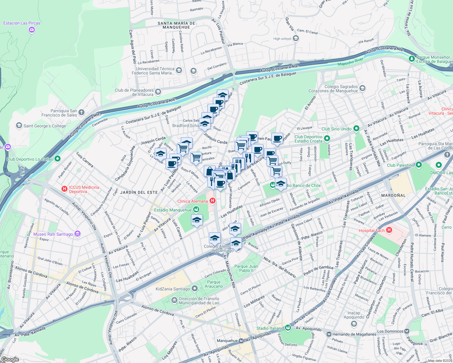 map of restaurants, bars, coffee shops, grocery stores, and more near in Vitacura
