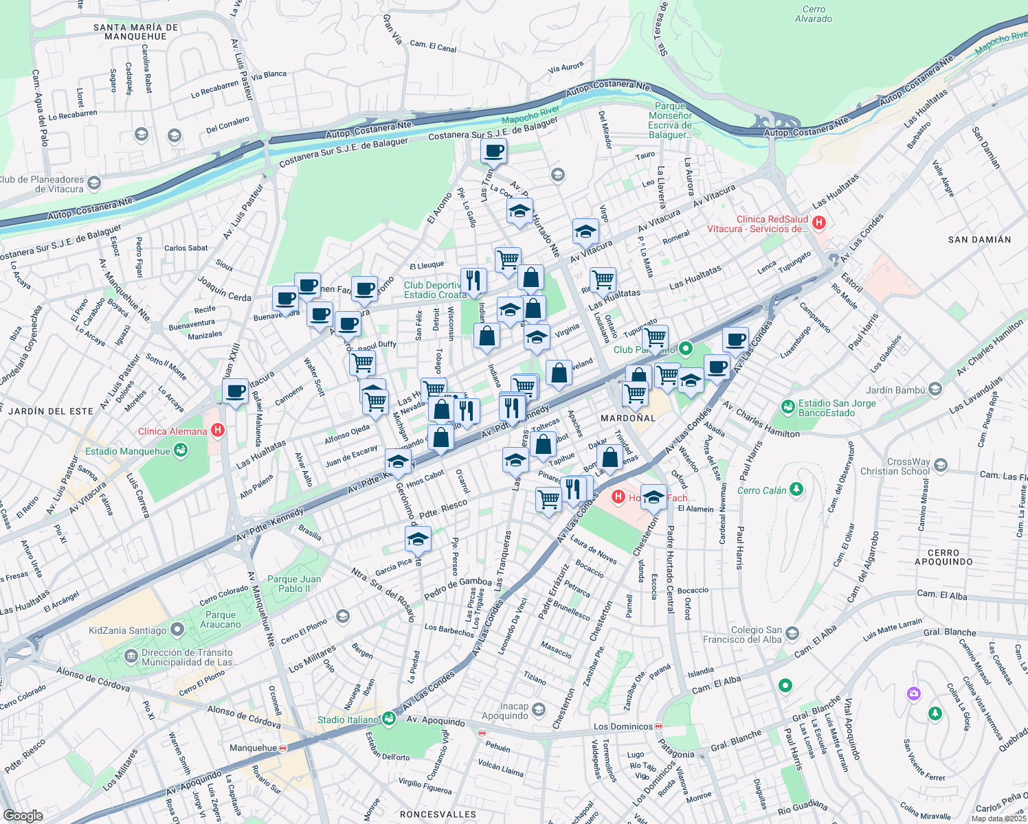 map of restaurants, bars, coffee shops, grocery stores, and more near 7818 Avenida Presidente Kennedy in Vitacura