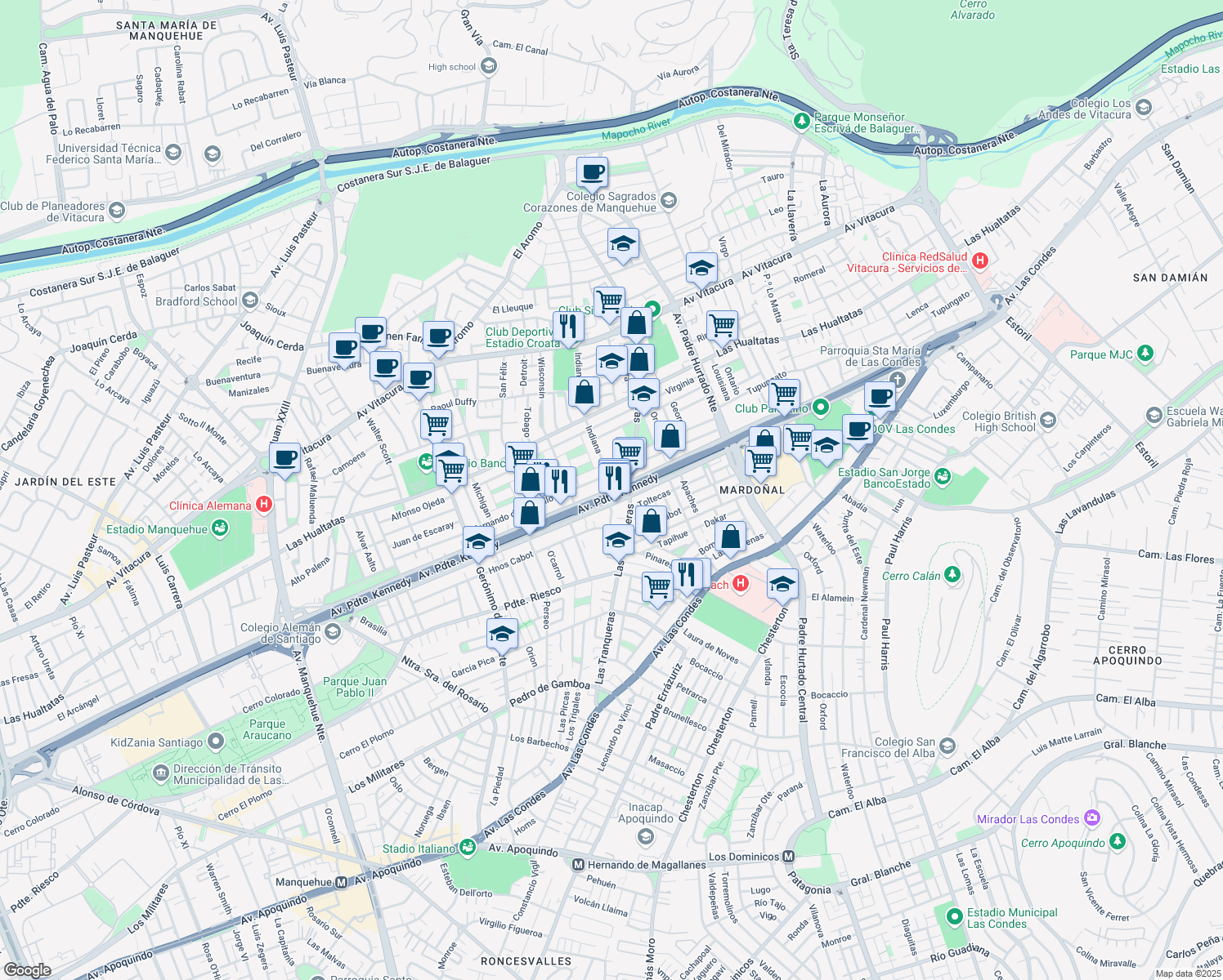 map of restaurants, bars, coffee shops, grocery stores, and more near 7818 Avenida Presidente Kennedy in Vitacura