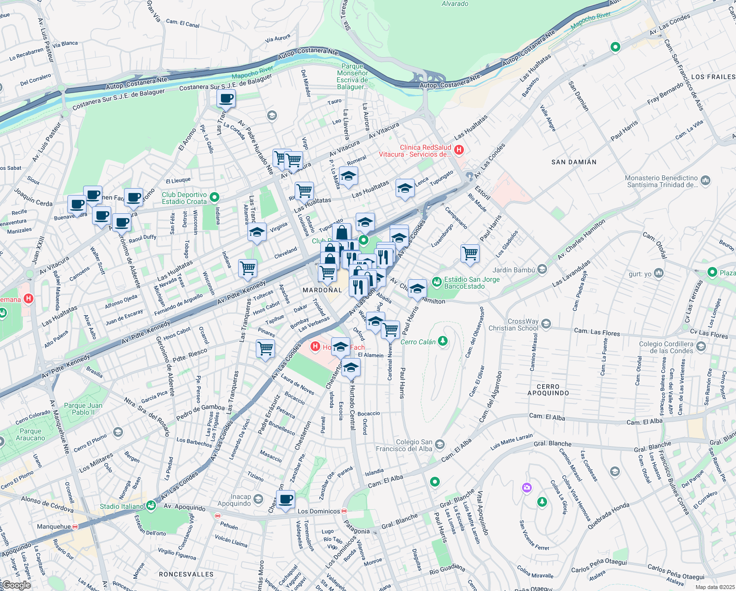 map of restaurants, bars, coffee shops, grocery stores, and more near 9160 Las Condes in Santiago