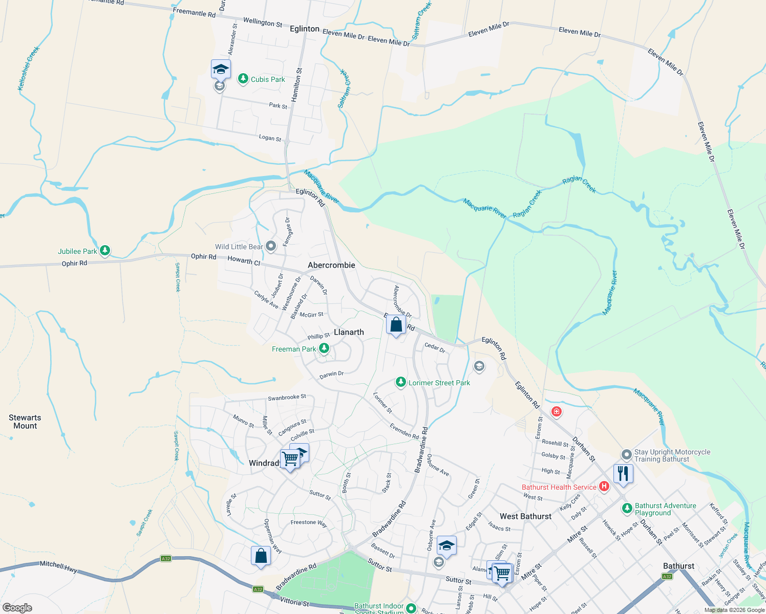 map of restaurants, bars, coffee shops, grocery stores, and more near 11 Bayliss Street in Abercrombie