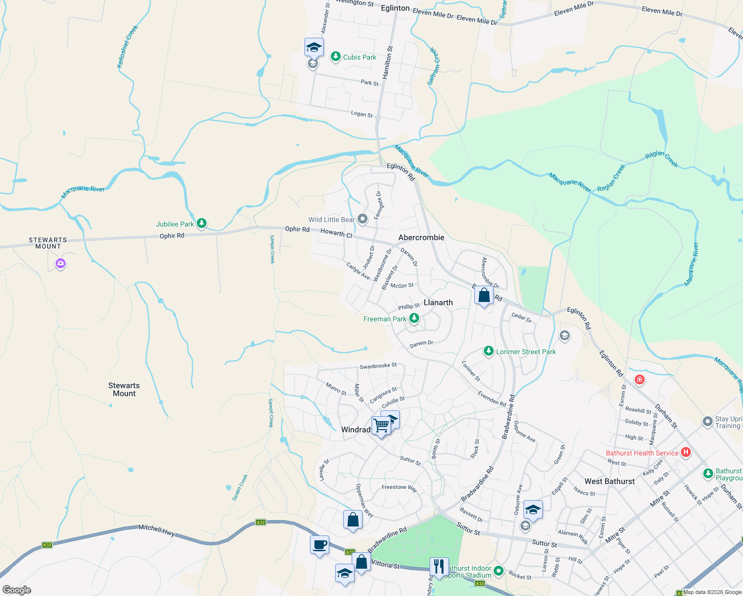 map of restaurants, bars, coffee shops, grocery stores, and more near 131 Evernden Road in Llanarth