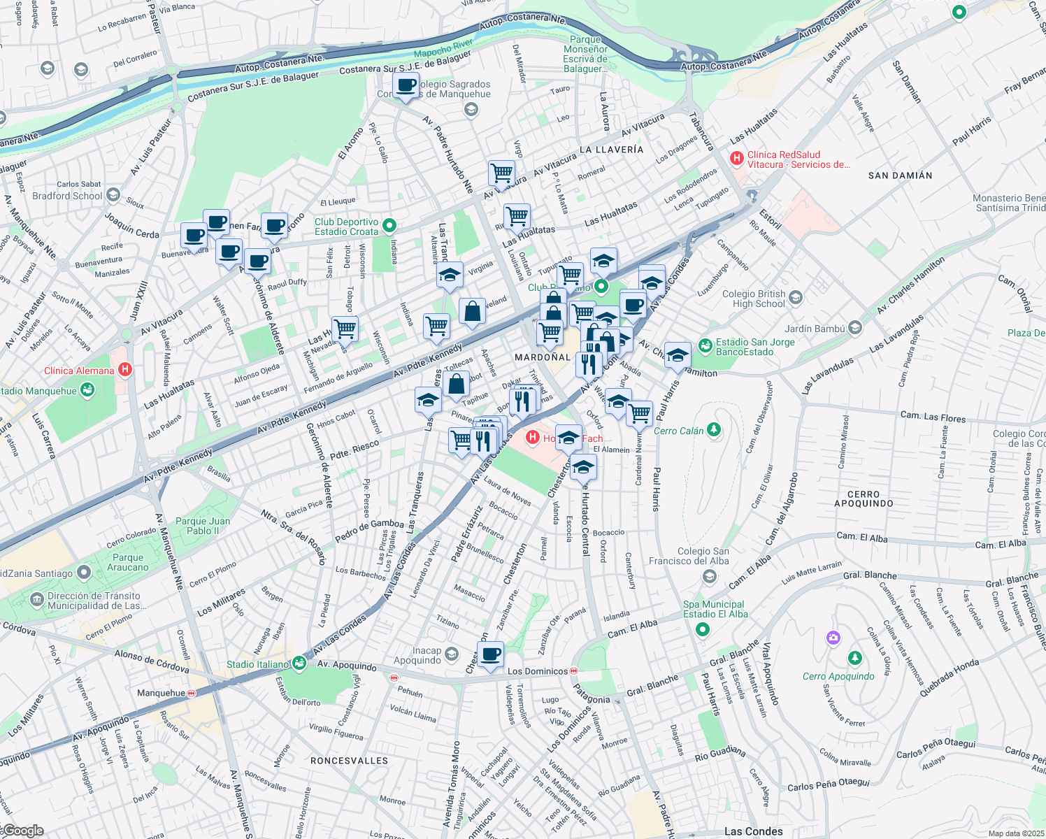 map of restaurants, bars, coffee shops, grocery stores, and more near 450 Estoril in Las Condes