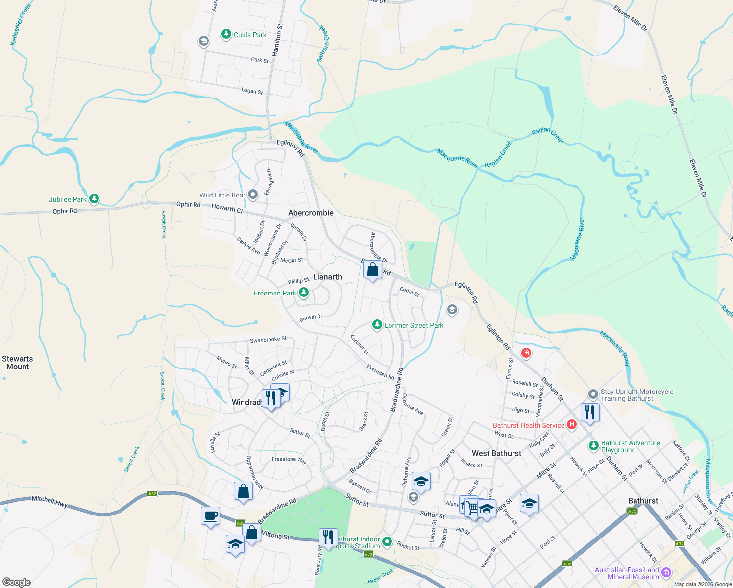 map of restaurants, bars, coffee shops, grocery stores, and more near 13 Stinson Street in Llanarth