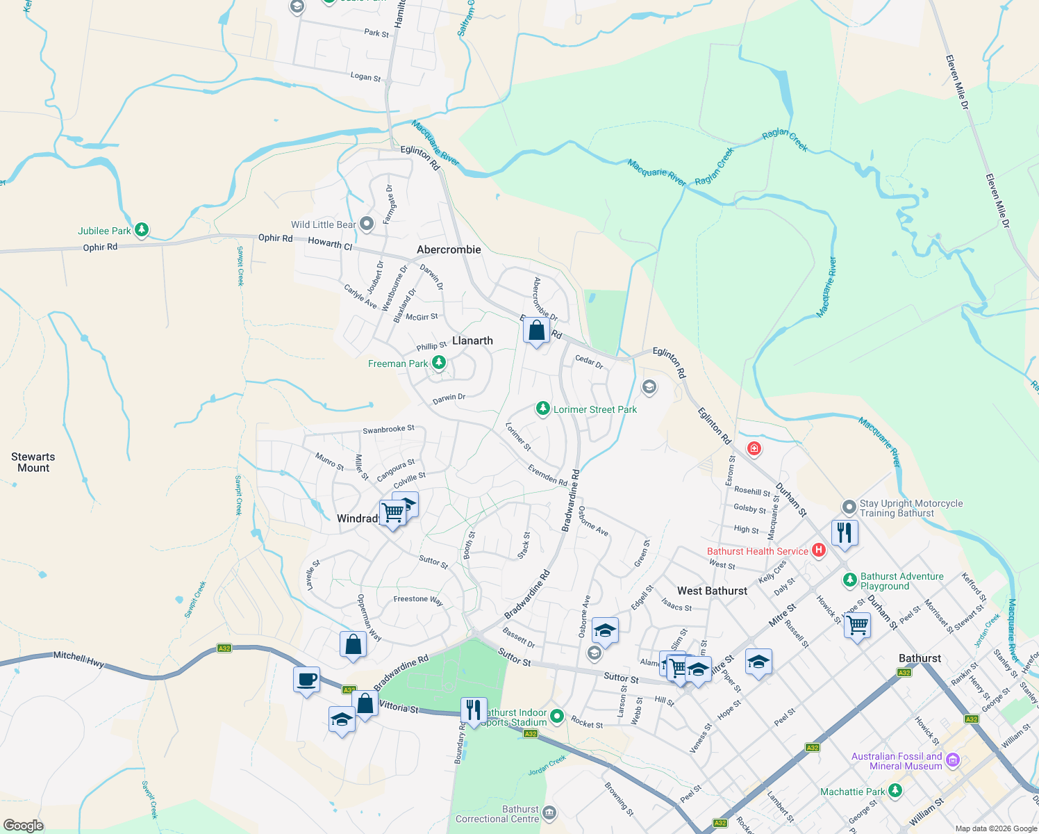 map of restaurants, bars, coffee shops, grocery stores, and more near 42 Lorimer Street in Llanarth