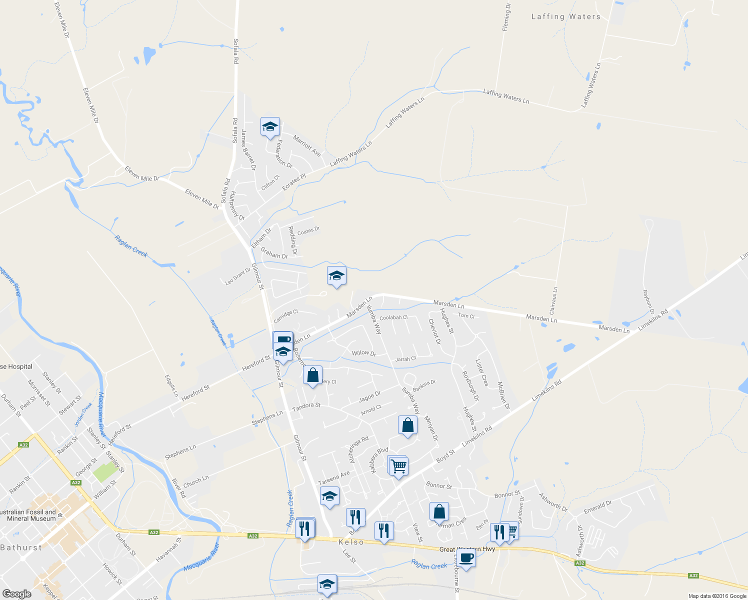 map of restaurants, bars, coffee shops, grocery stores, and more near LOT 1118 Marsden Lane in Kelso