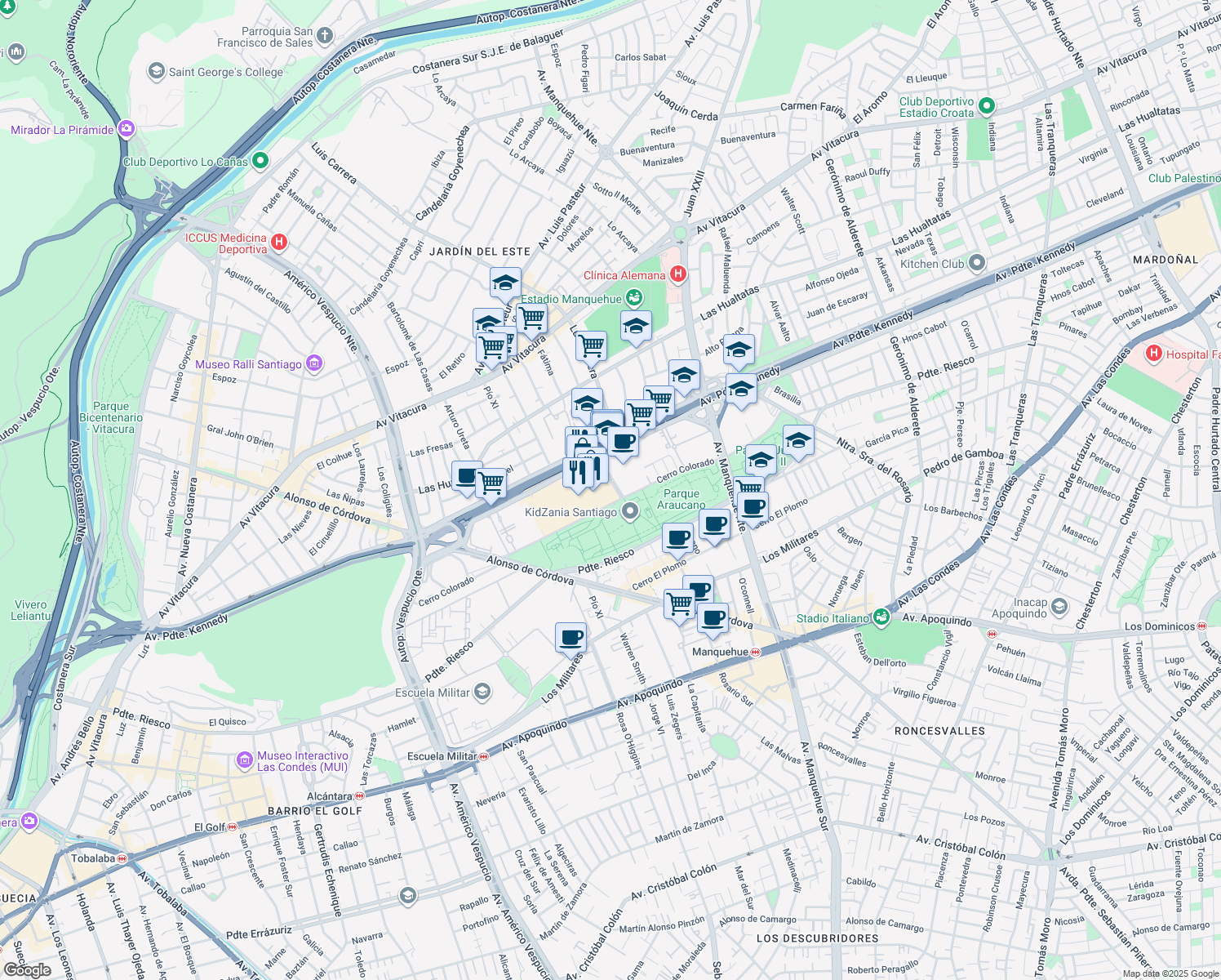 map of restaurants, bars, coffee shops, grocery stores, and more near 5413 Avenida Presidente Kennedy in Vitacura