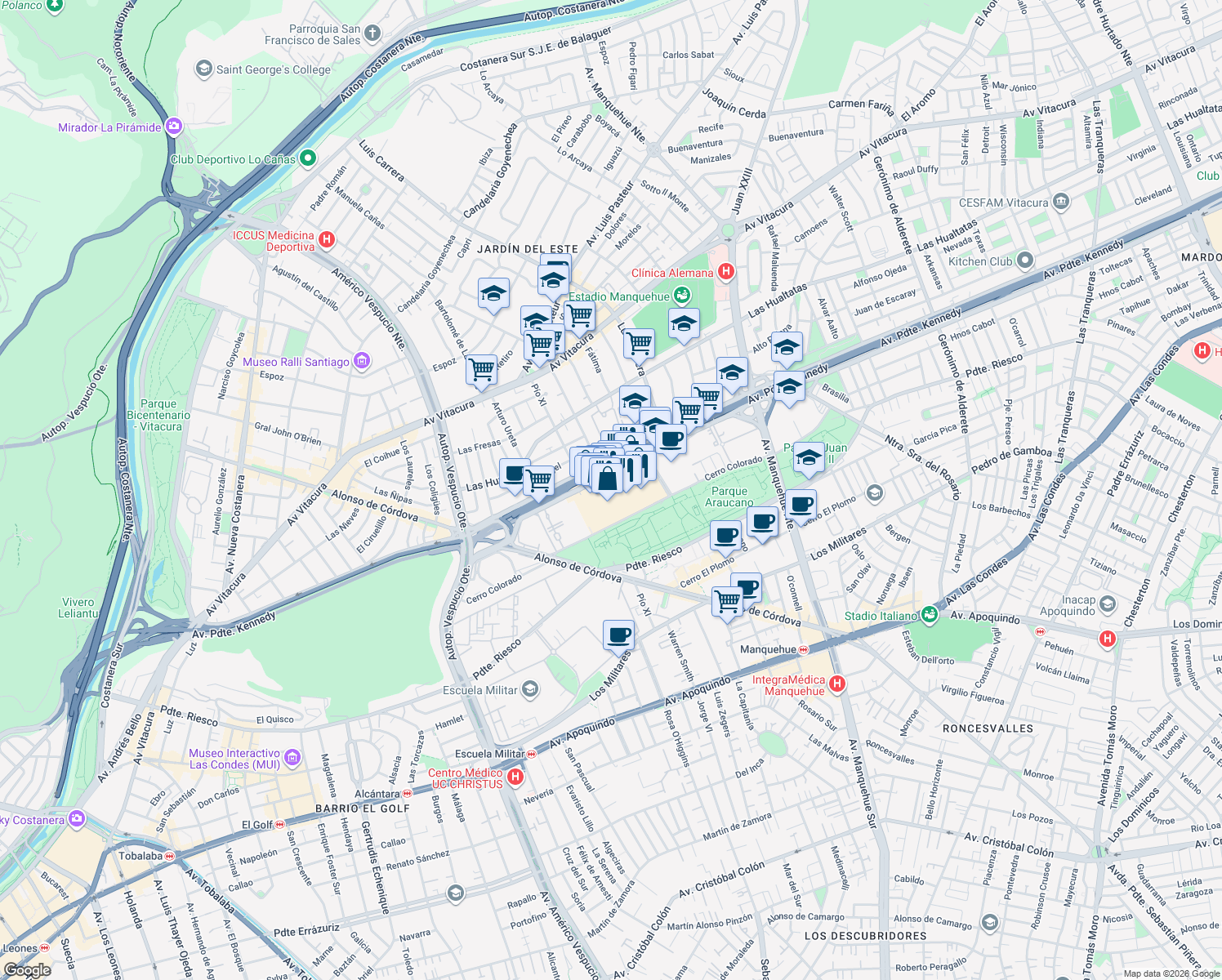 map of restaurants, bars, coffee shops, grocery stores, and more near 5413 Avenida Presidente Kennedy in Vitacura
