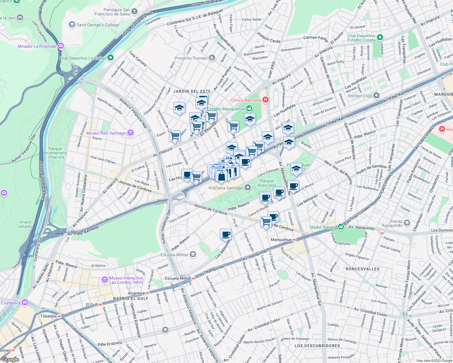 map of restaurants, bars, coffee shops, grocery stores, and more near 5413 Avenida Presidente Kennedy in Las Condes