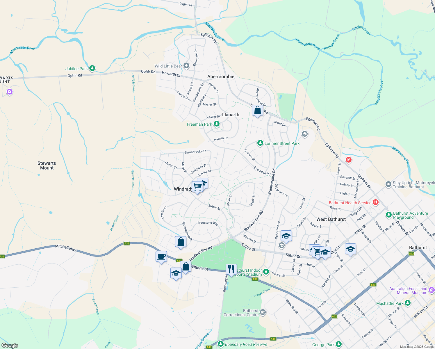 map of restaurants, bars, coffee shops, grocery stores, and more near 8 Deniehy Place in Windradyne