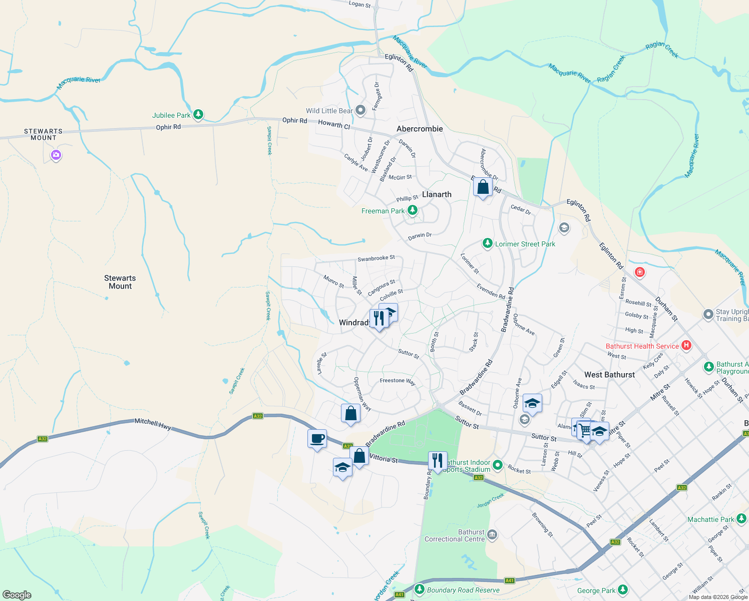 map of restaurants, bars, coffee shops, grocery stores, and more near 47 Colville Street in Windradyne