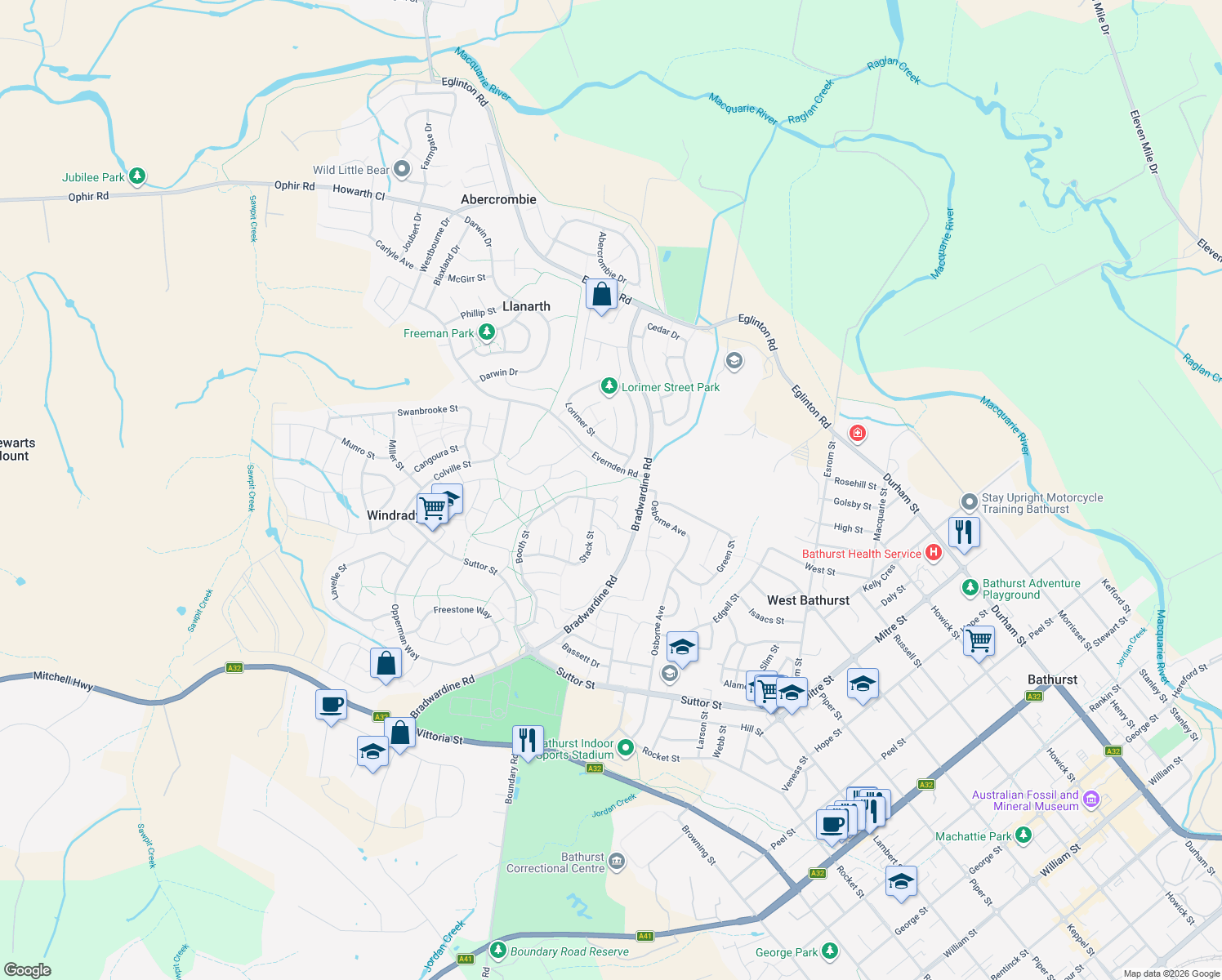 map of restaurants, bars, coffee shops, grocery stores, and more near 13 Red Gum Place in Windradyne