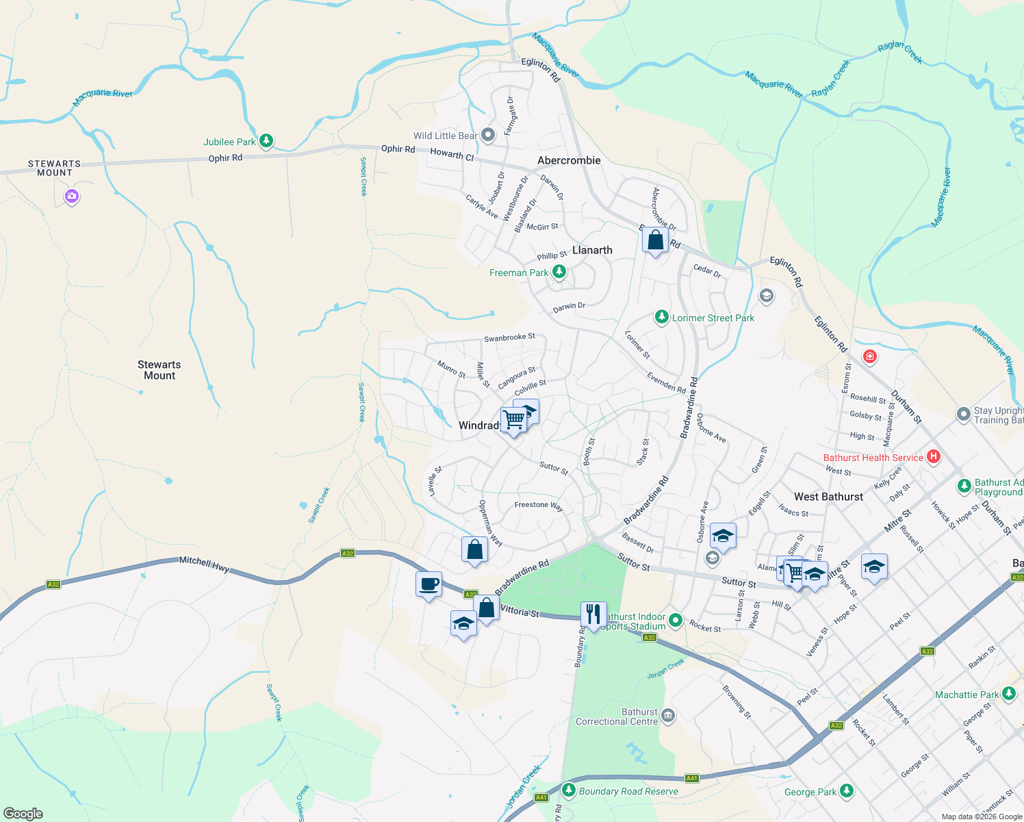 map of restaurants, bars, coffee shops, grocery stores, and more near 50 Colville Street in Windradyne