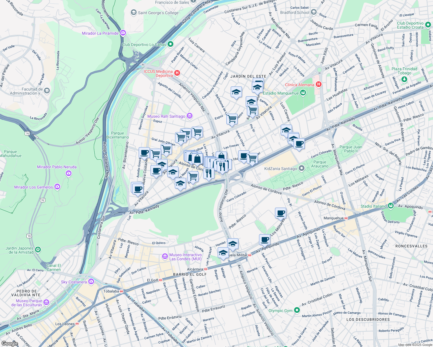 map of restaurants, bars, coffee shops, grocery stores, and more near 4309 Alonso de Córdova in Vitacura