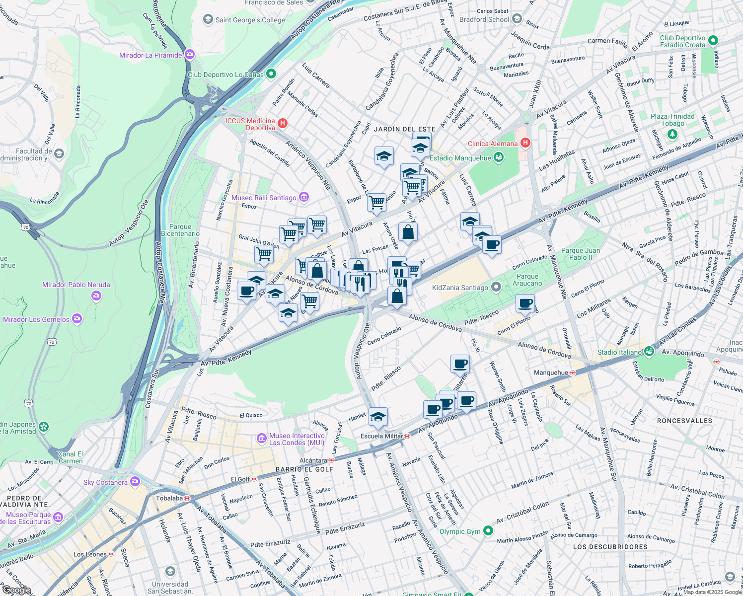 map of restaurants, bars, coffee shops, grocery stores, and more near 4420 Avenida Presidente Kennedy in Vitacura
