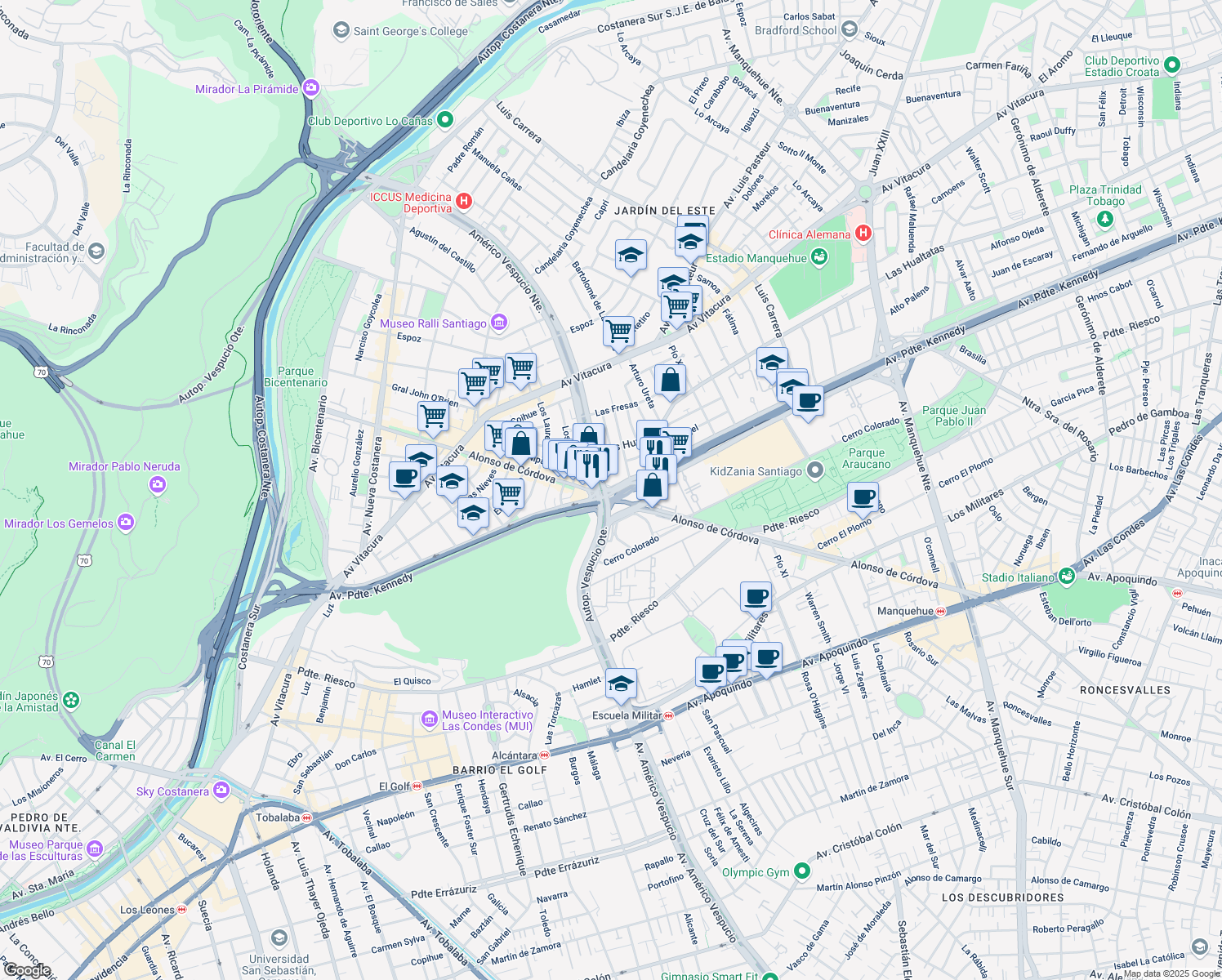 map of restaurants, bars, coffee shops, grocery stores, and more near 4420 Avenida Presidente Kennedy in Vitacura