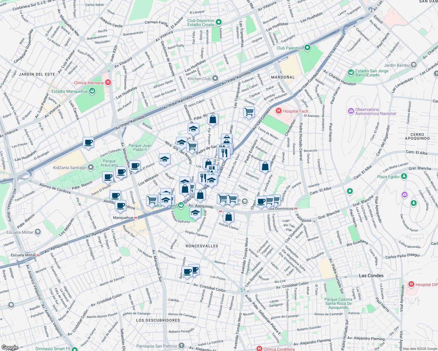 map of restaurants, bars, coffee shops, grocery stores, and more near 13 Tiziano in Las Condes