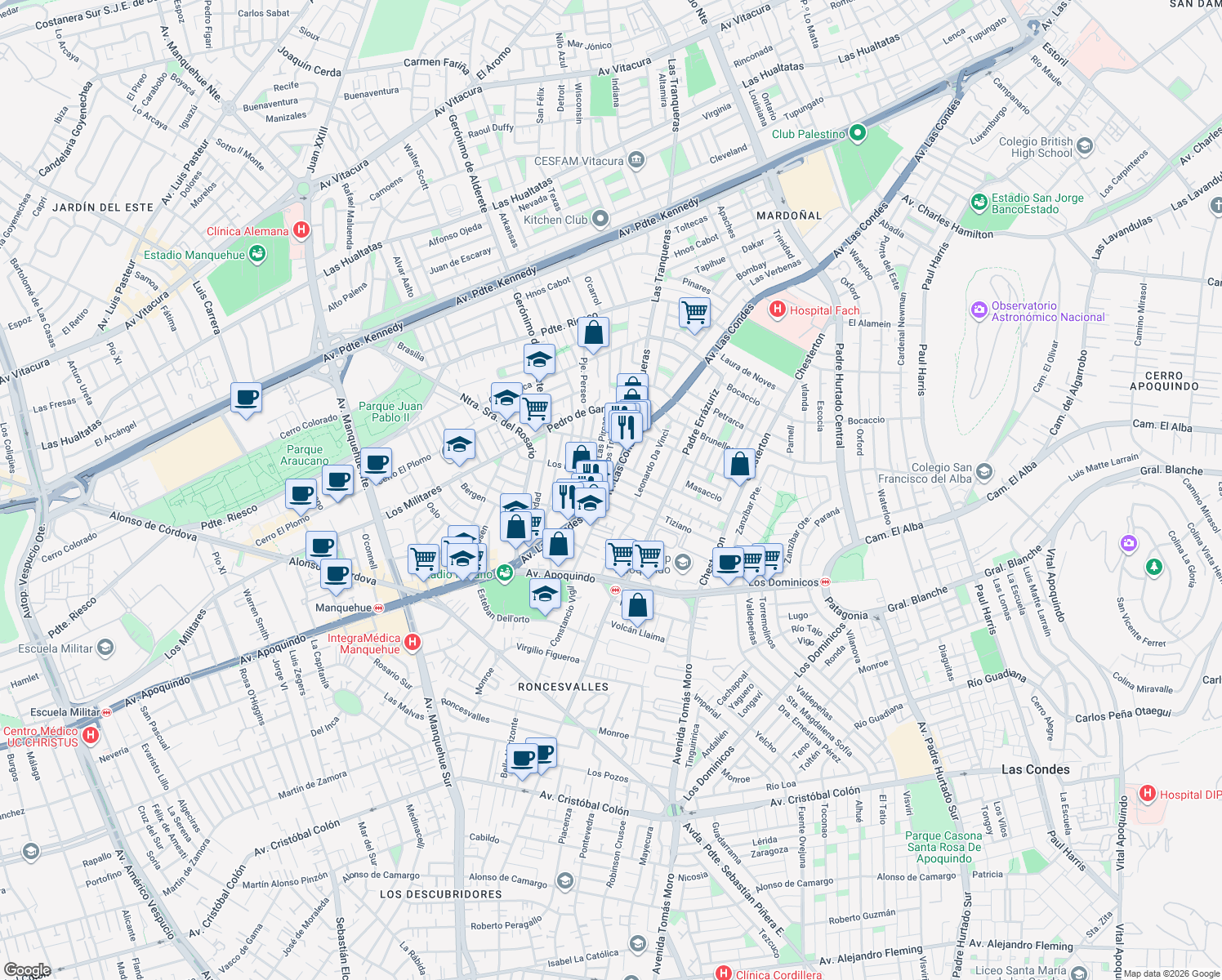 map of restaurants, bars, coffee shops, grocery stores, and more near 13 Tiziano in Las Condes