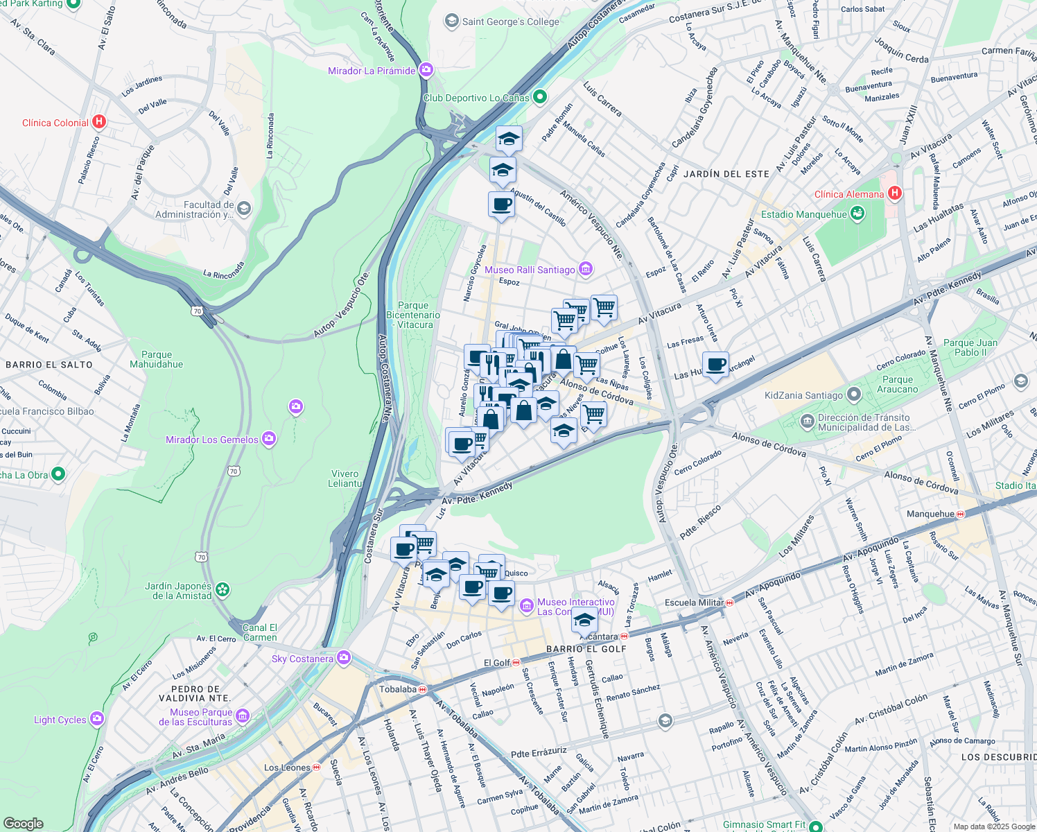 map of restaurants, bars, coffee shops, grocery stores, and more near 3523 Avenida Vitacura in Vitacura