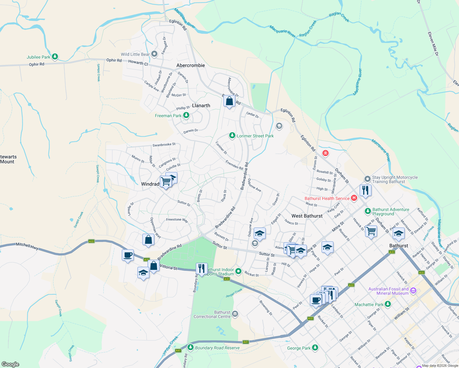 map of restaurants, bars, coffee shops, grocery stores, and more near 30 Ribbon Gum Place in Windradyne
