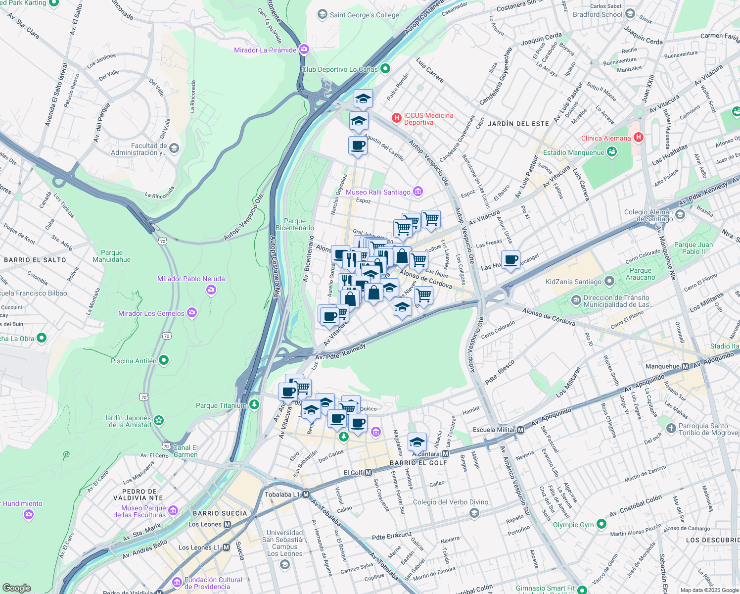 map of restaurants, bars, coffee shops, grocery stores, and more near 3523 Avenida Vitacura in Vitacura
