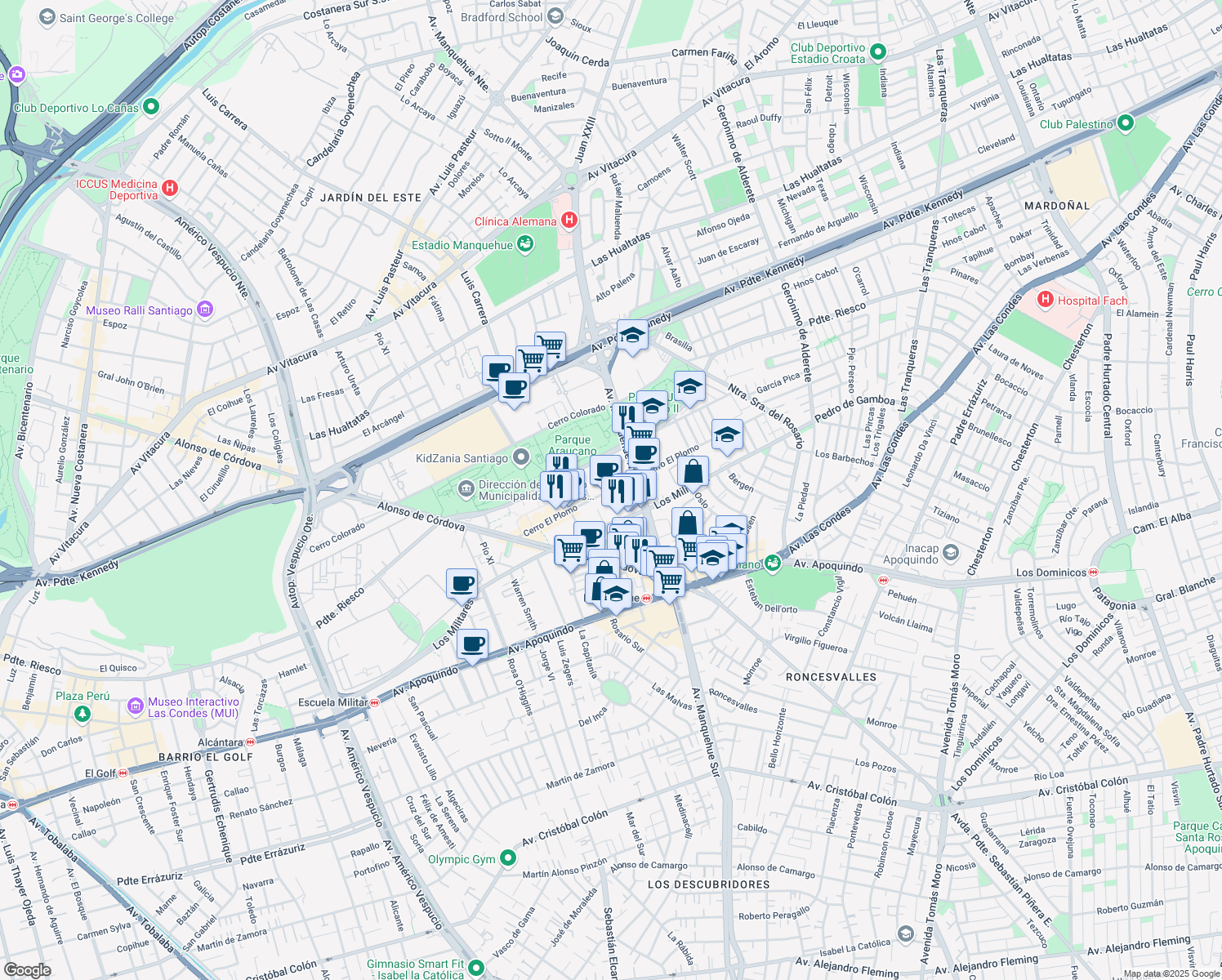 map of restaurants, bars, coffee shops, grocery stores, and more near 6000 Cerro El Plomo in Santiago