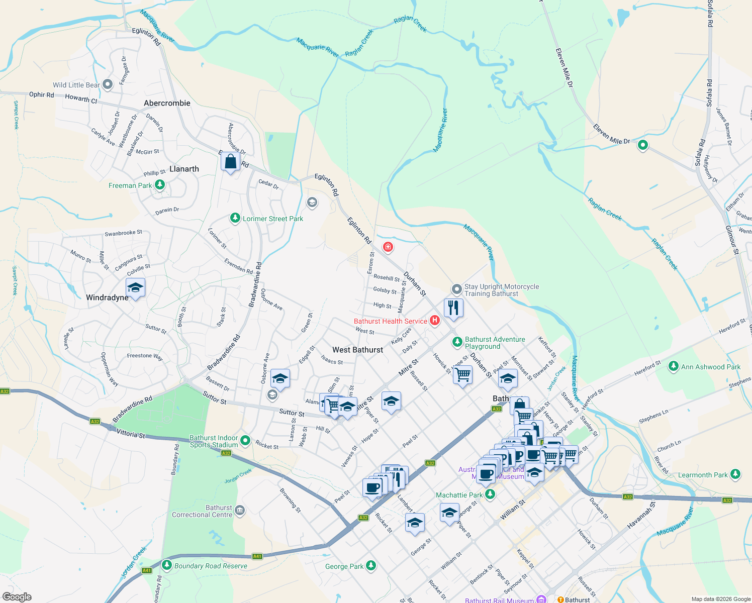 map of restaurants, bars, coffee shops, grocery stores, and more near 17 High Street in West Bathurst