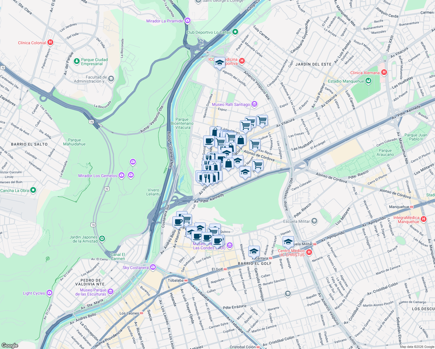 map of restaurants, bars, coffee shops, grocery stores, and more near 3435 Avenida Vitacura in Vitacura
