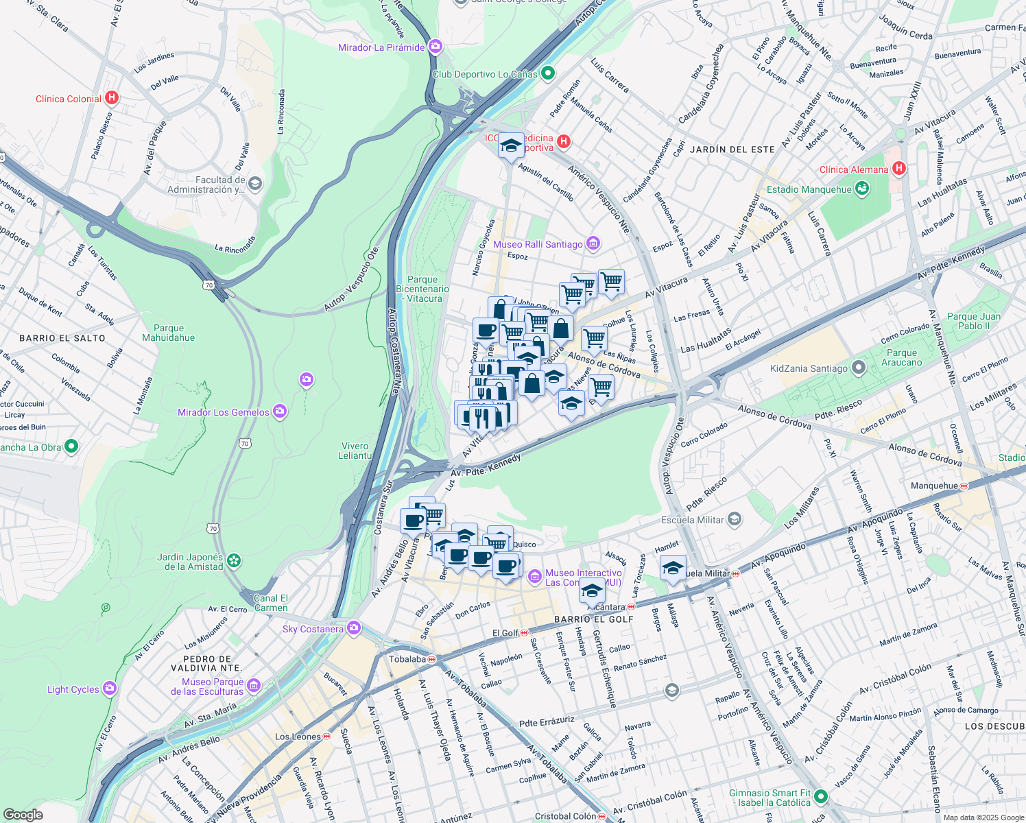 map of restaurants, bars, coffee shops, grocery stores, and more near 3435 Avenida Vitacura in Vitacura