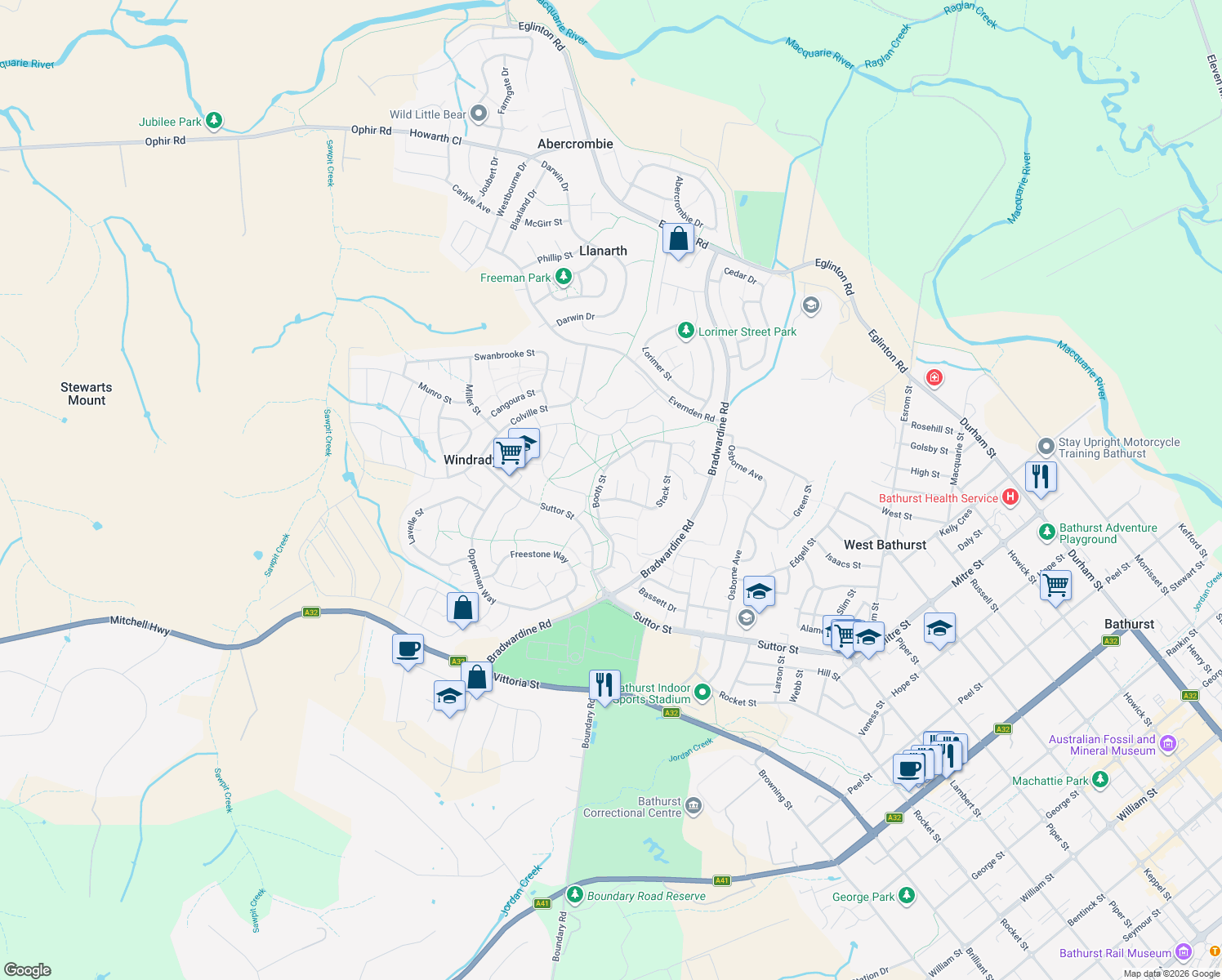 map of restaurants, bars, coffee shops, grocery stores, and more near 6 Wilkinson Place in Windradyne