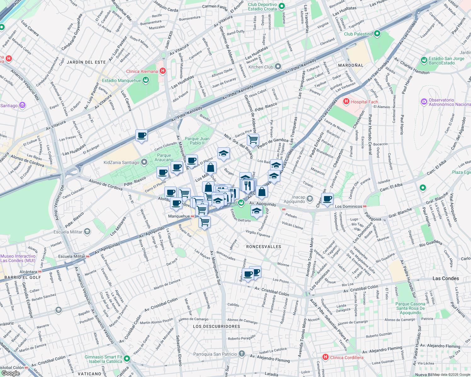 map of restaurants, bars, coffee shops, grocery stores, and more near 150 Gustavo V in Las Condes