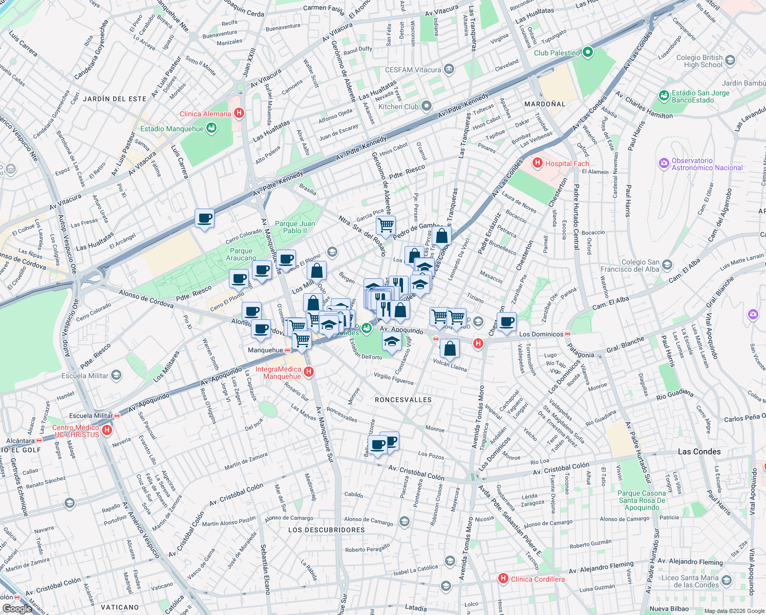 map of restaurants, bars, coffee shops, grocery stores, and more near 6830 Avenida Las Condes in Las Condes