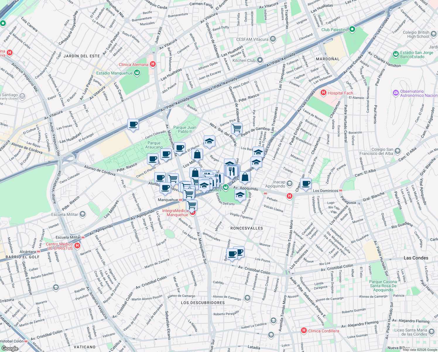 map of restaurants, bars, coffee shops, grocery stores, and more near 150 Gustavo V in Las Condes