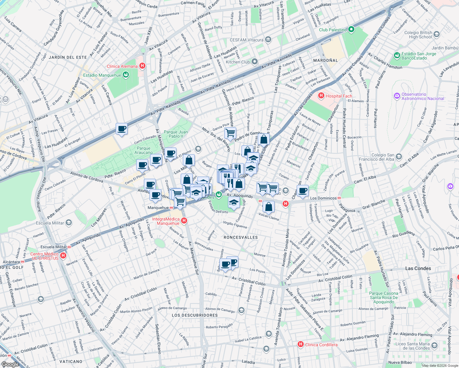 map of restaurants, bars, coffee shops, grocery stores, and more near 6830 Avenida Las Condes in Las Condes