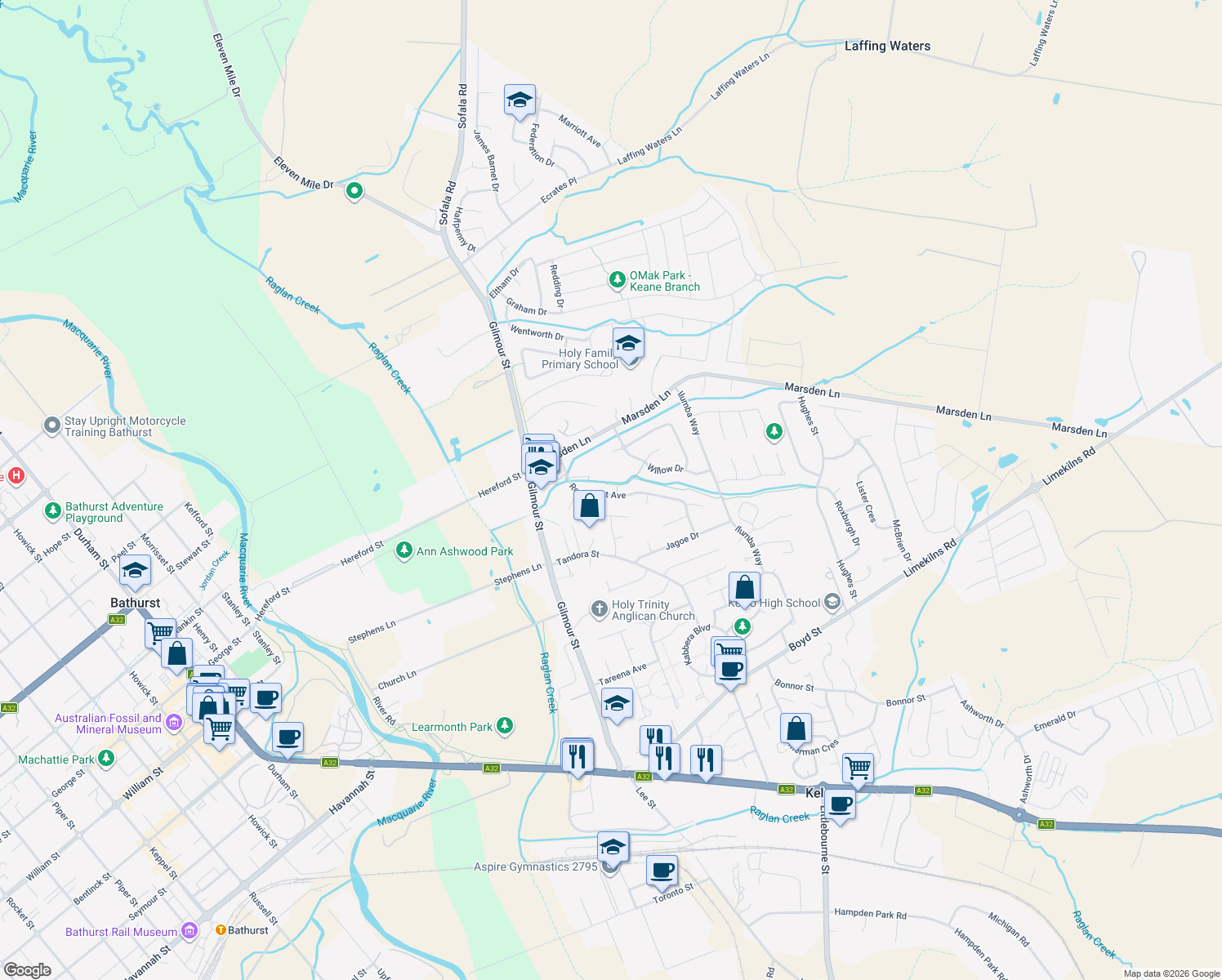 map of restaurants, bars, coffee shops, grocery stores, and more near 39 Rosemont Avenue in Kelso