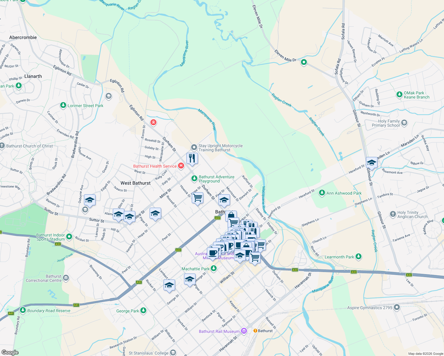 map of restaurants, bars, coffee shops, grocery stores, and more near 109 Morrisset Street in Bathurst