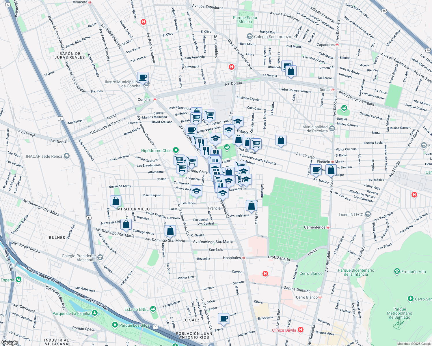 map of restaurants, bars, coffee shops, grocery stores, and more near 1388 Hipódromo Chile in Santiago