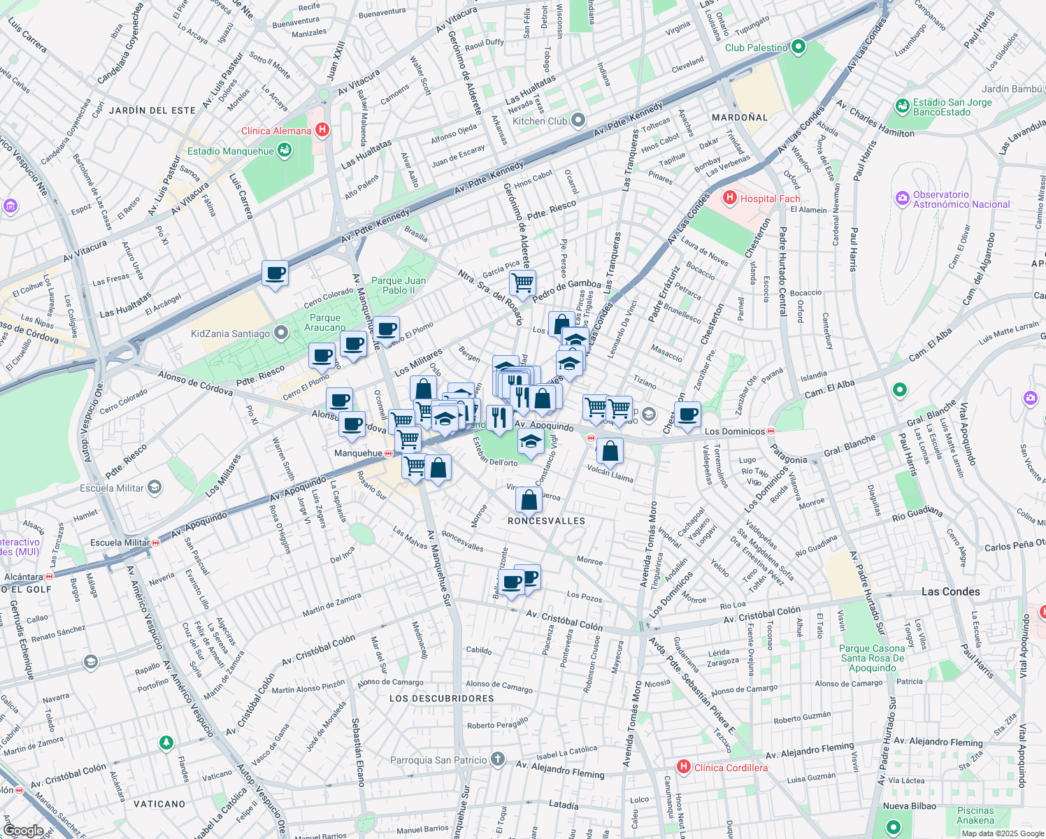 map of restaurants, bars, coffee shops, grocery stores, and more near 6760 Avenida Apoquindo in Las Condes