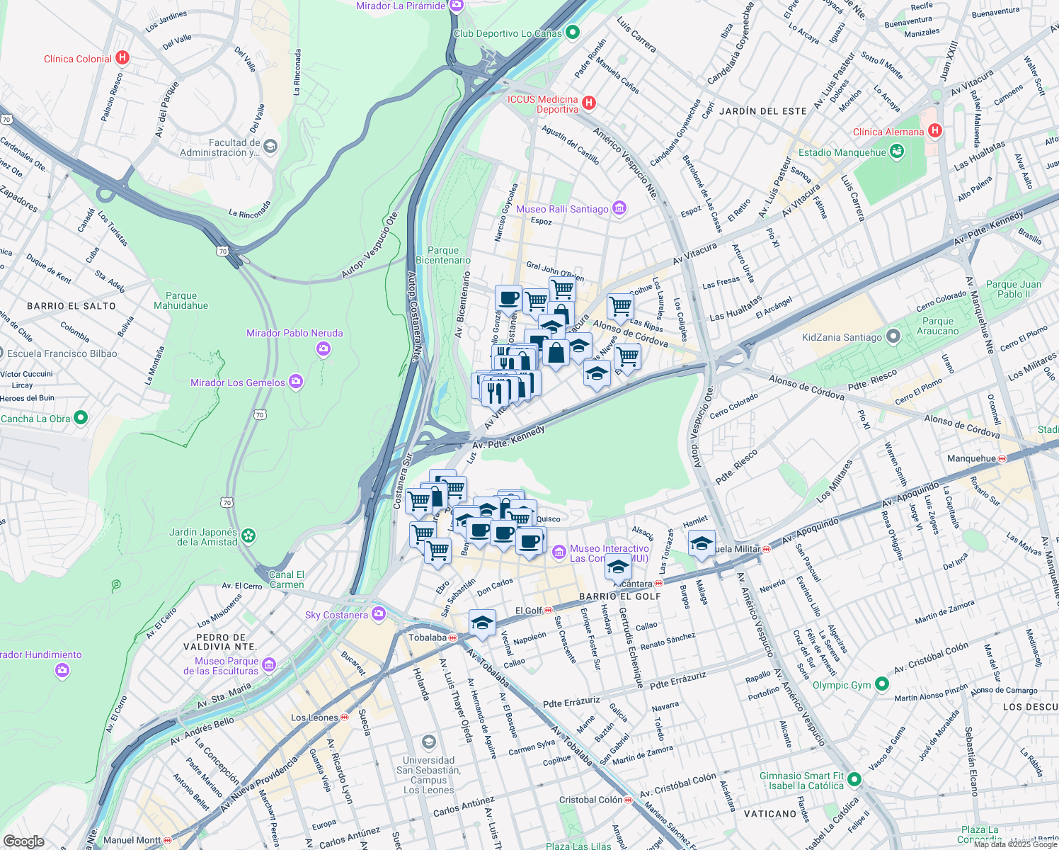 map of restaurants, bars, coffee shops, grocery stores, and more near 4598 Presidente Kennedy in Vitacura