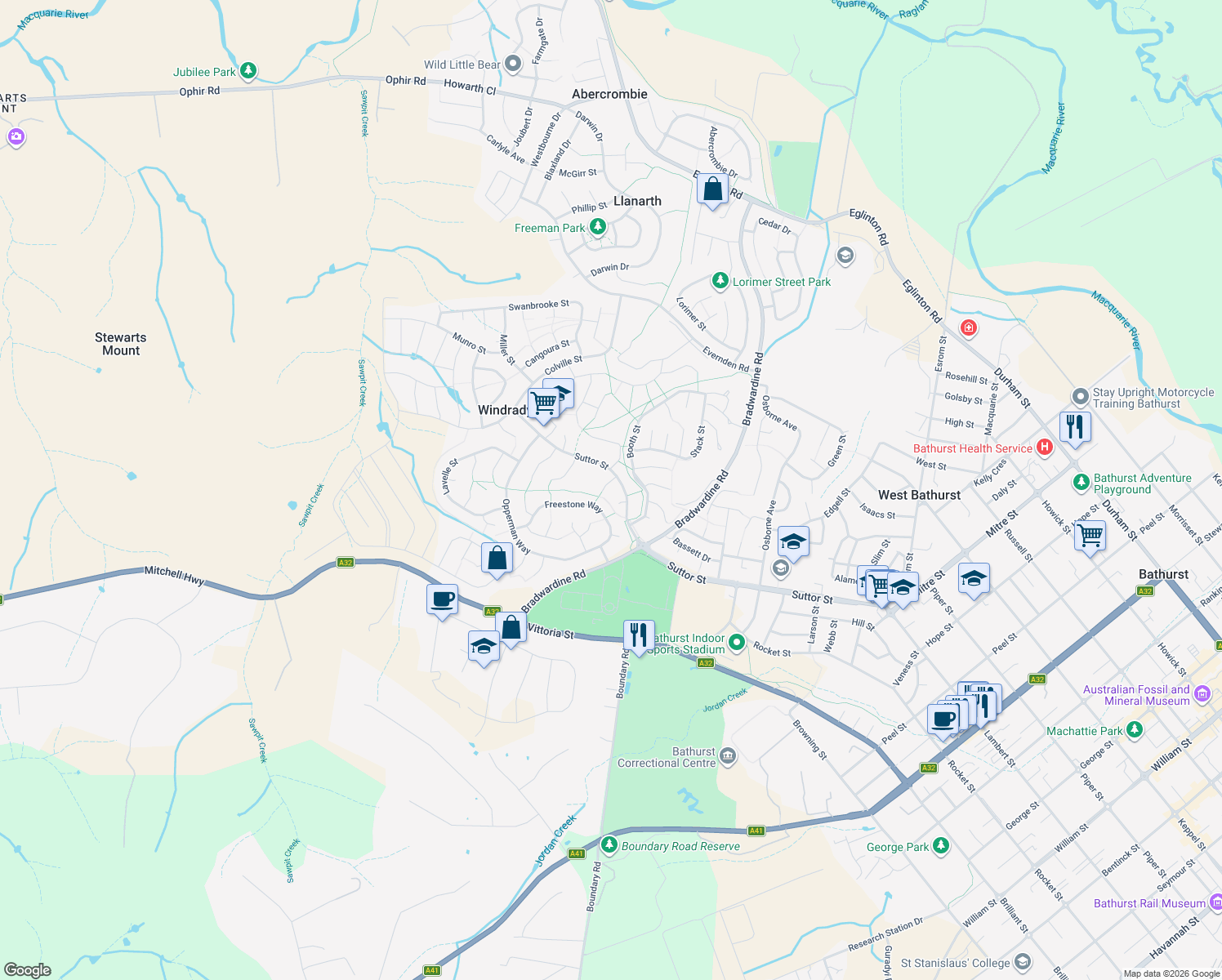 map of restaurants, bars, coffee shops, grocery stores, and more near 4 Nightmarch Parade in Windradyne