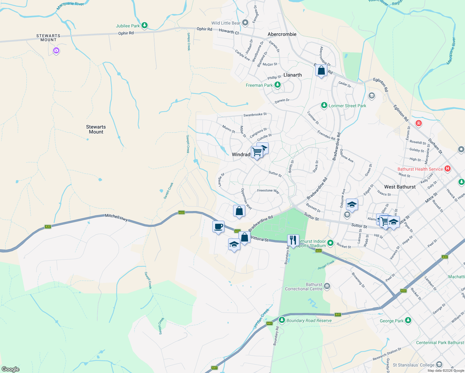 map of restaurants, bars, coffee shops, grocery stores, and more near 7 Shackleton Close in Windradyne